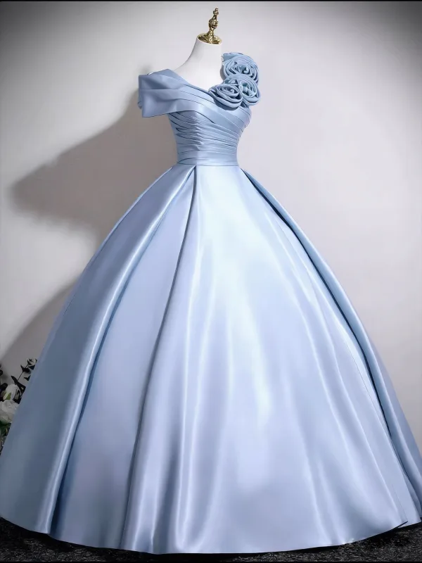 Elegant Sky Blue Appliques Satin Prom Dresses 2026 Ball Gown Scoop Neck Short Sleeve Backless Floor-Length / Long Formal Dresses