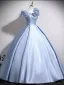 Elegant Sky Blue Appliques Satin Prom Dresses 2026 Ball Gown Scoop Neck Short Sleeve Backless Floor-Length / Long Formal Dresses