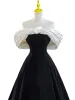 Elegant Black Velvet Homecoming Graduation Dresses 2023 A-Line / Princess Off-The-Shoulder Pearl Appliques Short Sleeve Backless Tea-length Formal Dresses