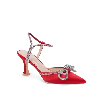Sexy Blushing Pink Evening Party Rhinestone Bow Womens Sandals 2022 Ankle Strap 6 Cm Stiletto Heels Pointed Toe Sandals High Heels
