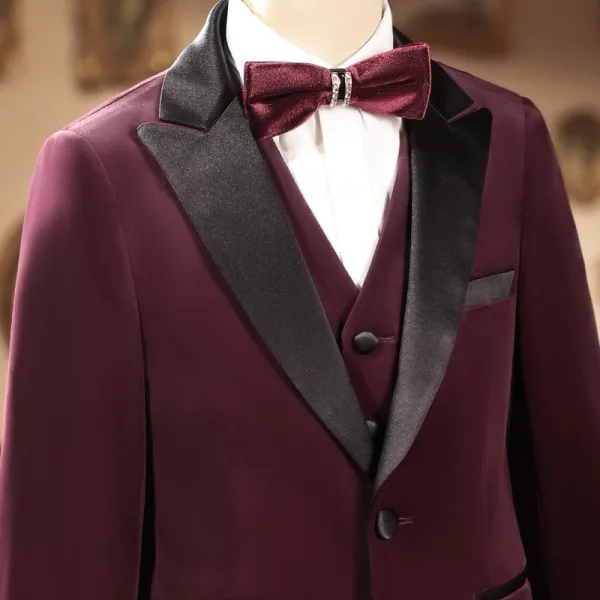 Classic Burgundy 5-piece Long Sleeve Boys Wedding Suits 2025 Coat Pants Shirt Tie Vest Wedding