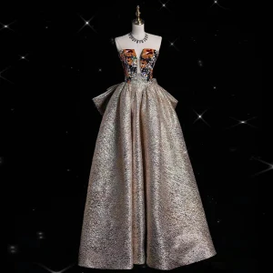 Vintage Retro Unusual Gold Printing Sequins Prom Dresses 2024 A Line Princess Strapless Sleeveless Backless Bow Floor Length Long Prom Formal Dresses