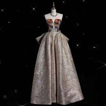 Vintage Retro Unusual Gold Printing Sequins Prom Dresses 2024 A Line Princess Strapless Sleeveless Backless Bow Floor Length Long Prom Formal Dresses