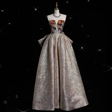 Vintage Ongebruikelijk Goud Het Drukken Pailletten Galajurken 2024 A Lijn Strapless Mouwloos Ruglooze Strik Lange Gala Gelegenheid Jurken