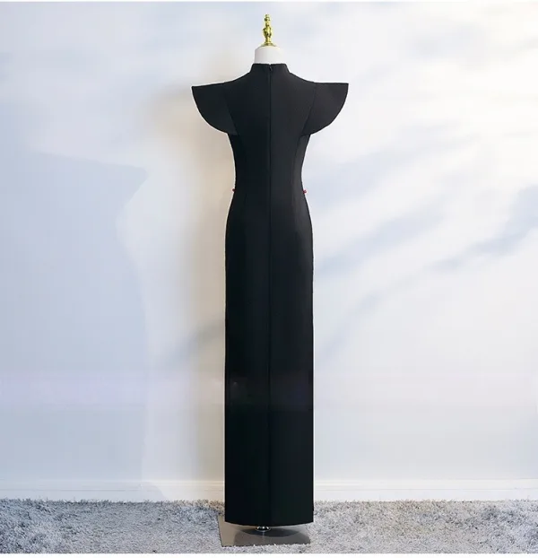 Vintage / Retro Chinese style Black Evening Party Cheongsam 2025 High Neck Cap Sleeves Sweep Train
