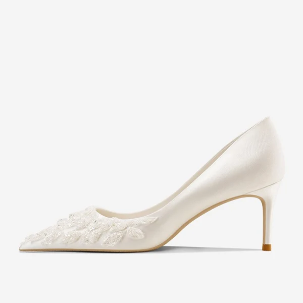 Elegant Ivory Leather Sequins Wedding Shoes 2022 8 cm Stiletto Heels Pointed Toe Wedding Pumps High Heels