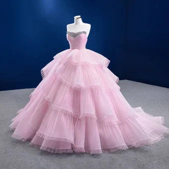 Haut De Gamme Rougissant Rose Volants En Cascade Robe De Bal 2022 Robe Boule Bustier Faux Diamant Sans Manches Dos Nu Tribunal Train Promo Robe De Ceremonie