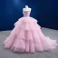 High-end Blushing Pink Cascading Ruffles Prom Dresses 2022 Ball Gown Strapless Rhinestone Sleeveless Backless Court Train Prom Formal Dresses