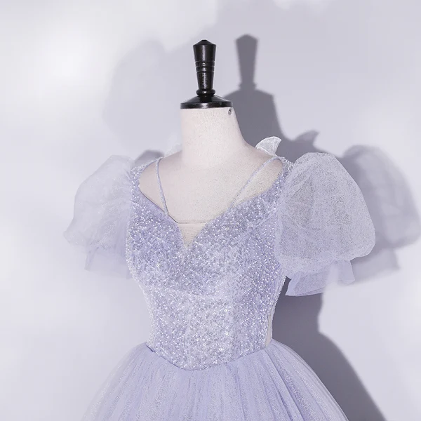 Chic / Beautiful Sky Blue Beading Sequins Prom Dresses 2022 Ball Gown Scoop Neck Short Sleeve Puffy Backless Floor-Length / Long Prom Formal Dresses