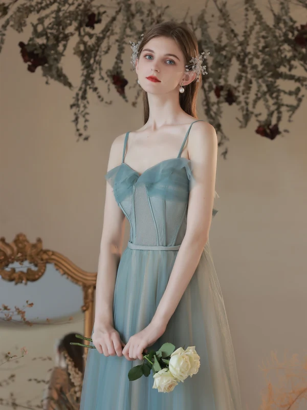 Simple Bleu Ciel Robe De Bal 2022 Princesse Bretelles Spaghetti Sans Manches Dos Nu Noeud Longue Robe De Ceremonie