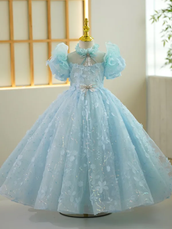 Chic / Beautiful Sky Blue Pearl Tassel Sequins Appliques Birthday Flower Girl Dresses 2023 Ball Gown High Neck Puffy Short Sleeve Backless Floor-Length / Long