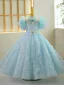 Chic / Beautiful Sky Blue Pearl Tassel Sequins Appliques Birthday Flower Girl Dresses 2023 Ball Gown High Neck Puffy Short Sleeve Backless Floor-Length / Long