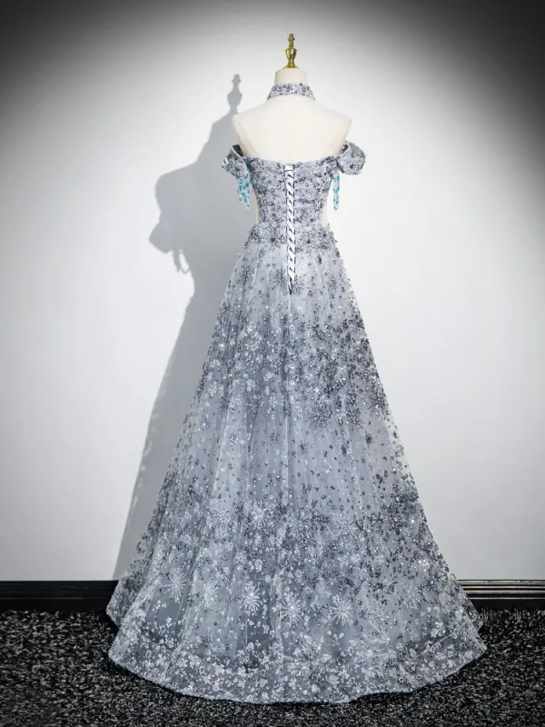 Scintillantes Bleu Ciel Perlage Paillettes Robe De Bal 2025 Princesse De l'épaule Manches Courtes Dos Nu Longue Promo Robe De Ceremonie