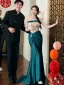 Vintage / Retro Ink Blue Lace Flower Prom Dresses 2024 Trumpet / Mermaid Strapless Sleeveless Backless Sweep Train Prom Formal Dresses