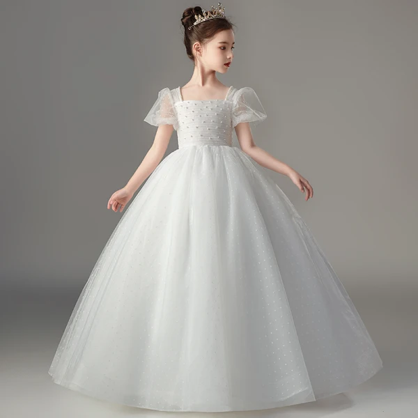 Chic / Beautiful White Pearl Wedding Flower Girl Dresses 2022 Ball Gown Square Neckline Puffy Short Sleeve Backless Floor-Length / Long Flower Girl Dresses