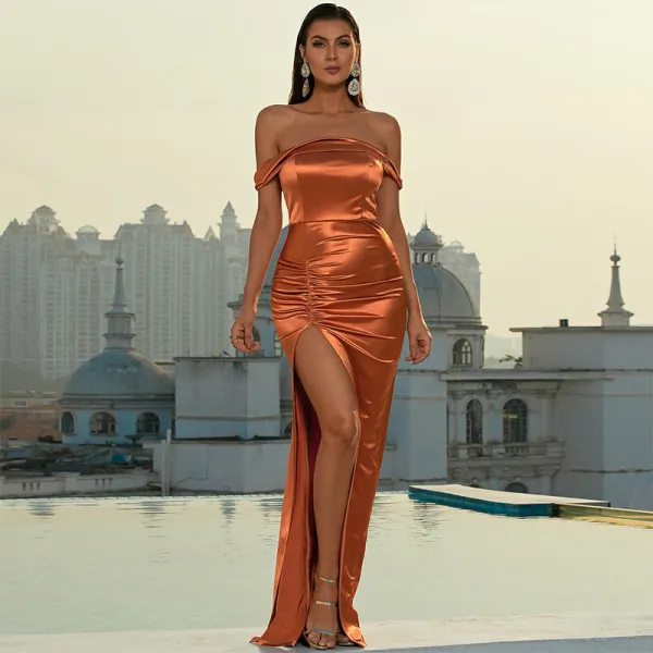 Sexy Summer Orange Evening Dresses 2022 Trumpet / Mermaid Off-The-Shoulder Sleeveless Backless Split Front Floor-Length / Long Evening Party Formal Dresses