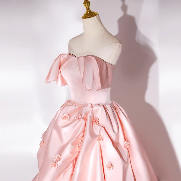 High-end Fashion Candy Pink Satin Cascading Ruffles Prom Dresses 2022 Strapless Sleeveless Backless Royal Train Prom Formal Dresses