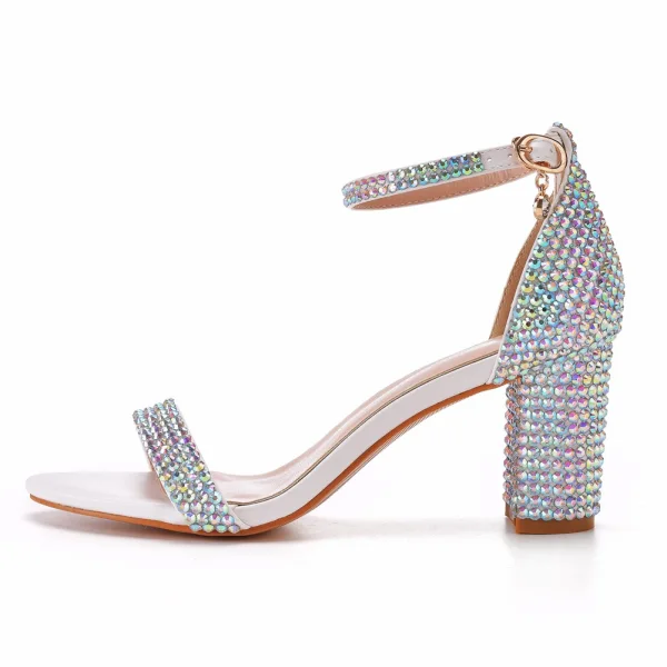 Seksowne Multi-Kolory Rhinestone Buty Ślubne 2022 Z Paskiem 7 cm Grubym Obcasie Peep Toe Ślub Sandały Wysokie Obcasy