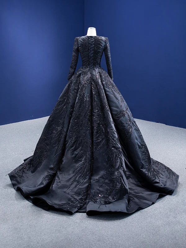 Haut de Gamme Bling Bling Noire Fait main Paillettes Robe De Bal 2024 Robe Boule Encolure Dégagée Manches Longues Train De Balayage Promo Robe De Ceremonie