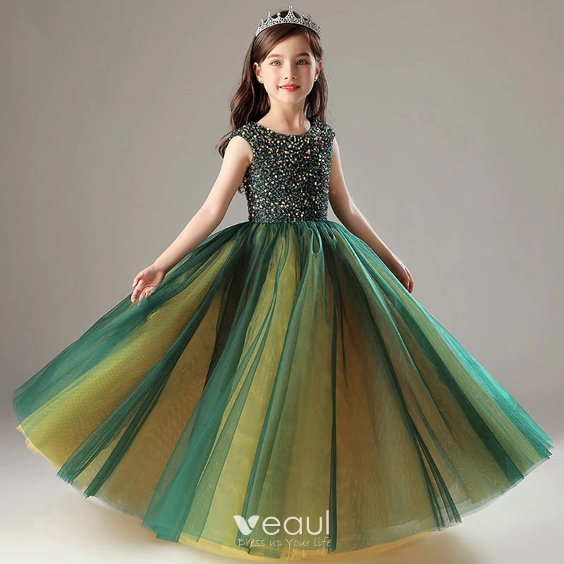 dark green girls dresses Girl's Emerald Green Beaded Dress | Flower Girl Dress main image 1