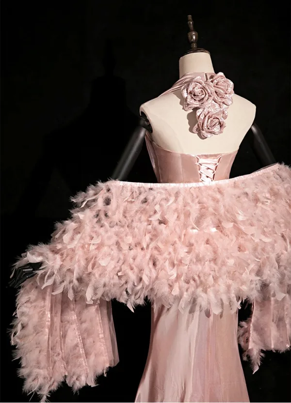 Sexy Rougissant Rose Faux Diamant Plumes Robe De Soirée 2024 Trompette / Sirène Titulaire Sans Manches Dos Nu Train De Balayage Soirée Robe De Ceremonie