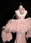 Sexy Rougissant Rose Faux Diamant Plumes Robe De Soirée 2024 Trompette / Sirène Titulaire Sans Manches Dos Nu Train De Balayage Soirée Robe De Ceremonie