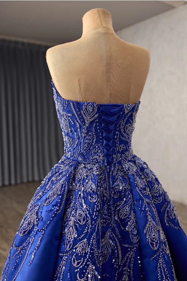 Vintage / Retro High-end Royal Blue Handmade  Beading Sequins Satin Prom Dresses 2025 Trumpet / Mermaid Strapless Sleeveless Backless Court Train Prom Formal Dresses