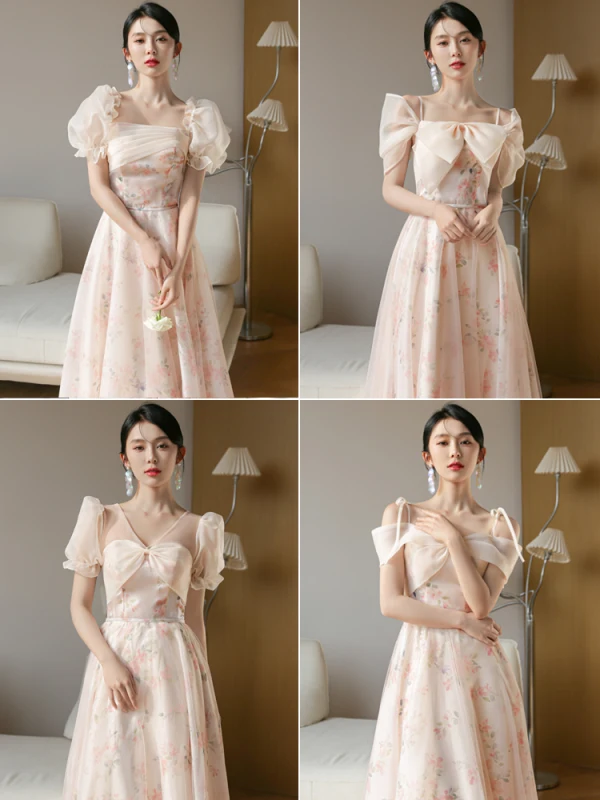 Chic / Beautiful Blushing Pink Bow Printing Bridesmaid Dresses 2023 A-Line / Princess Short Sleeve Backless Floor-Length / Long Bridesmaid Dresses