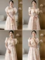 Chic / Beautiful Blushing Pink Bow Printing Bridesmaid Dresses 2023 A-Line / Princess Short Sleeve Backless Floor-Length / Long Bridesmaid Dresses