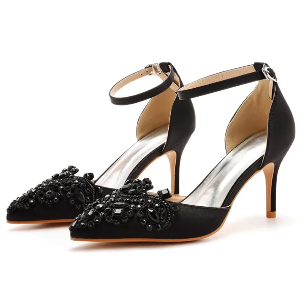 Chic / Belle Noire Faux Diamant Promo Sandales Femme 2023 Bride Cheville 7 cm Talons Aiguilles À Bout Pointu Sandales Talons Hauts