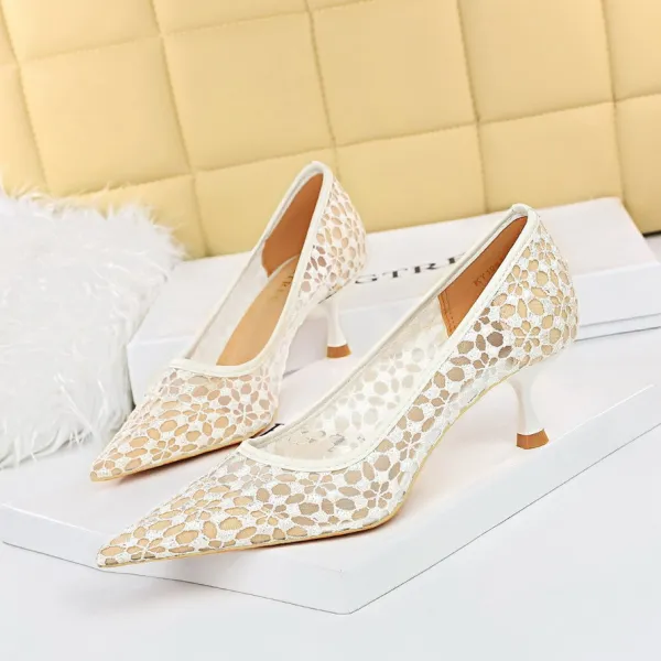 Sexy Schwarz Abend Spitze Pumps 2023 5 cm Stilettos Spitzschuh Hochhackige