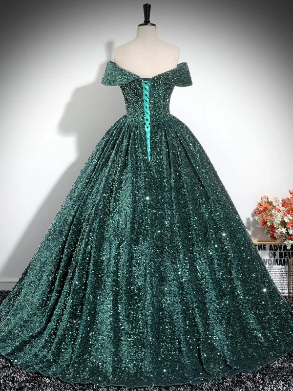 Sparkly Dark Green Sequins Prom Dresses 2024 Ball Gown Off-The-Shoulder Sleeveless Backless Floor-Length / Long Prom Formal Dresses