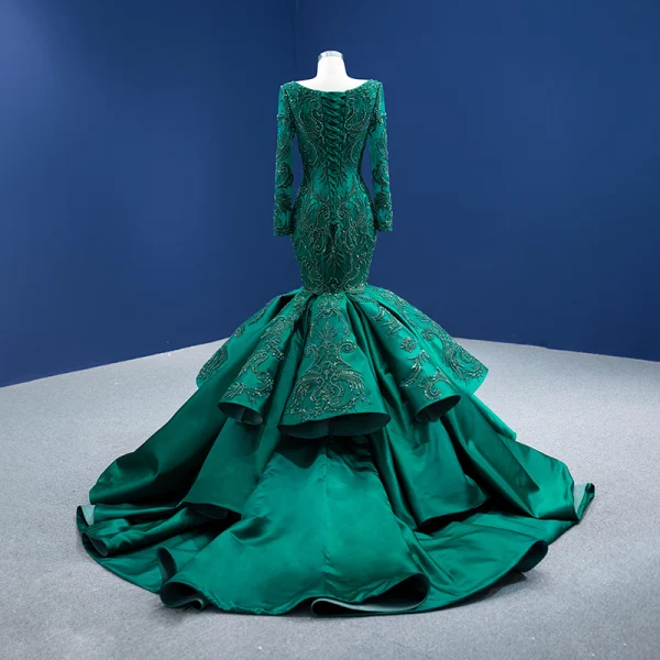 Haut de Gamme Vert Foncé Perlage Perle Paillettes En Dentelle Fleur Robe De Soirée 2022 Satin Trompette / Sirène Encolure Carrée Manches Courtes Dos Nu Longue Robe De Ceremonie