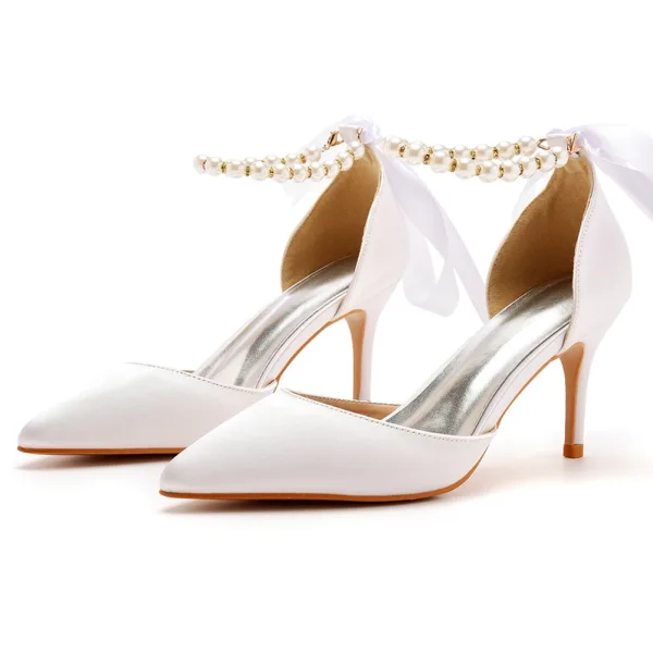 Charmant Noire Soirée Perle Bride Cheville Noeud Sandales Femme 2023 7 cm Talons Aiguilles À Bout Pointu Sandales Talons Hauts