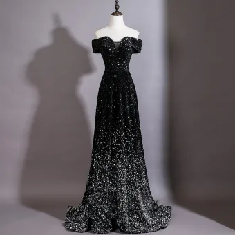 Dazzling Black Sequins Evening Dresses 2026 A Line Princess Off The Shoulder Short Sleeve Backless Sweep Train