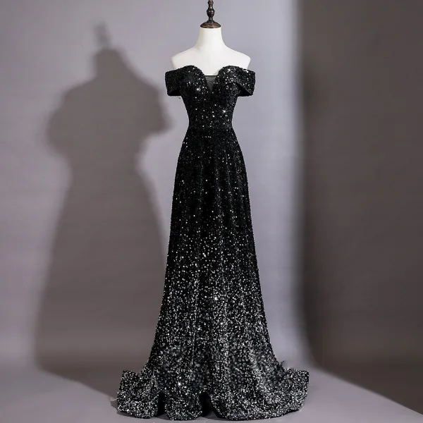 Dazzling Black Sequins Evening Dresses 2026 A-Line / Princess Off-The-Shoulder Short Sleeve Backless Sweep Train