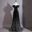 Dazzling Black Sequins Evening Dresses 2026 A-Line / Princess Off-The-Shoulder Short Sleeve Backless Sweep Train