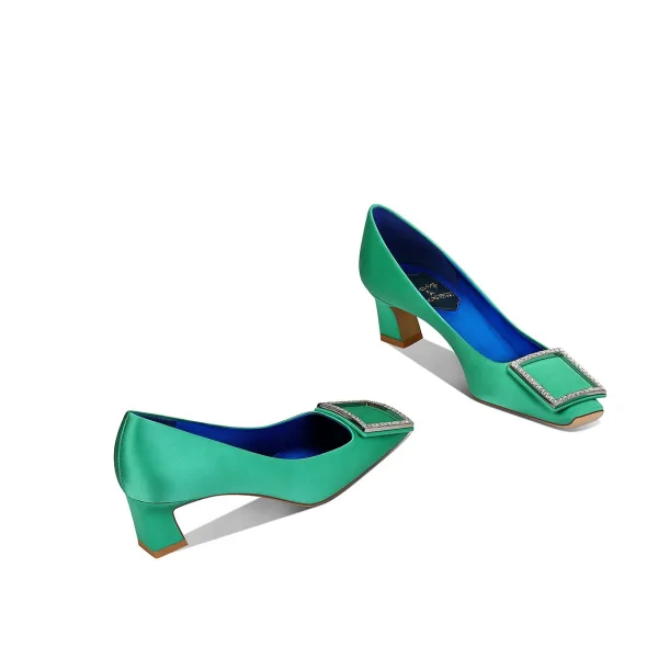Vintage / Originale Vert Citron Faux Diamant Cuir Promo Escarpins 2026 5 cm Talons Épais Pied Carré Escarpins Talons Hauts