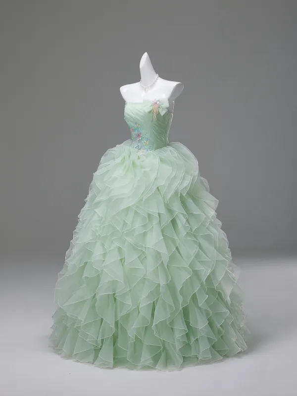 Onírico Verde Salvia Perla Lentejuelas Con Encaje Flor Volantes En Cascada Vestidos de gala 2026 Ball Gown Sin Tirantes Sin Mangas Sin Espalda