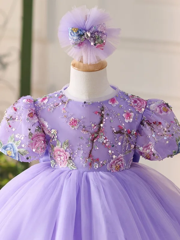 Chic / Belle Lavande Perlage Paillettes En Dentelle Fleur Courte Anniversaire Robe Ceremonie Fille Robe Boule 2024 Encolure Dégagée Noeud Manches Courtes