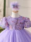 Chic / Belle Lavande Perlage Paillettes En Dentelle Fleur Courte Anniversaire Robe Ceremonie Fille Robe Boule 2024 Encolure Dégagée Noeud Manches Courtes