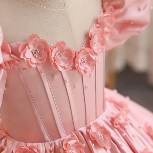 Lovely Blushing Pink Appliques Birthday Flower Girl Dresses 2024 Ball Gown Square Neckline Puffy Short Sleeve Backless Floor-Length / Long Flower Girl Dresses