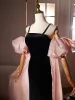 Chic / Beautiful Black Velvet Prom Dresses 2024 Trumpet / Mermaid Spaghetti Straps Puffy Short Sleeve Backless Floor-Length / Long Prom Formal Dresses