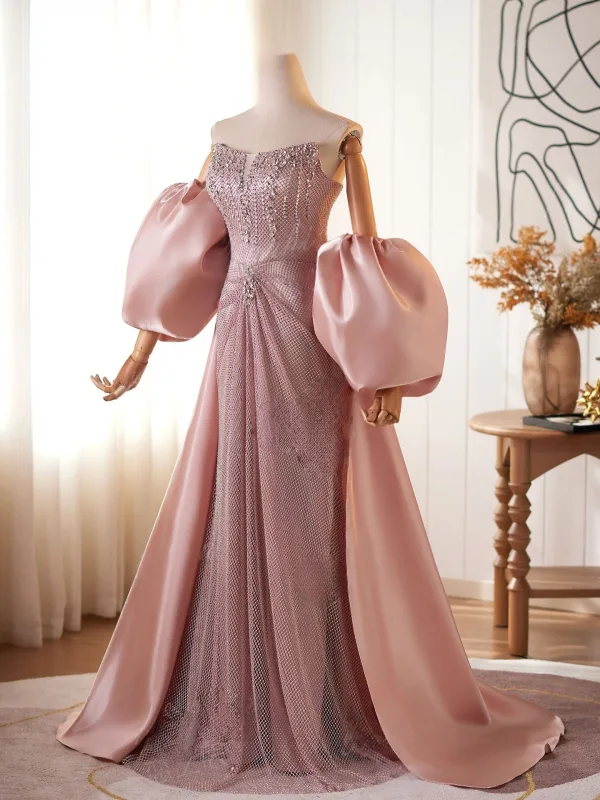 Luxe Rougissant Rose Faux Diamant Paillettes Robe De Bal 2026 Trompette / Sirène Bustier Gonflée Manches Courtes Dos Nu Train De Balayage Robe De Ceremonie