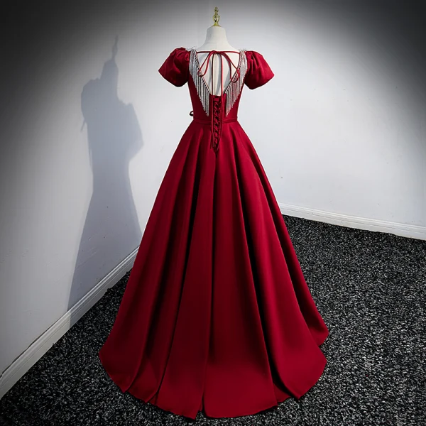 Elegant Burgundy Satin Prom Dresses 2022 A-Line / Princess U-Neck Short Sleeve Backless Bow Sash Floor-Length / Long Formal Dresses