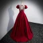 Elegant Burgundy Satin Prom Dresses 2022 A-Line / Princess U-Neck Short Sleeve Backless Bow Sash Floor-Length / Long Formal Dresses