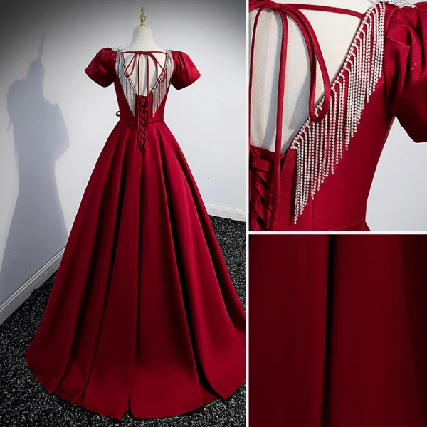 Elegant Burgundy Satin Prom Dresses 2022 A-Line / Princess U-Neck Short Sleeve Backless Bow Sash Floor-Length / Long Formal Dresses