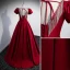Elegant Burgundy Satin Prom Dresses 2022 A-Line / Princess U-Neck Short Sleeve Backless Bow Sash Floor-Length / Long Formal Dresses