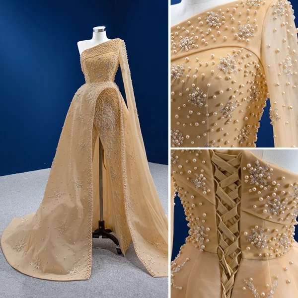 Sexy High-end Champagne Split Front Evening Dresses 2022 A-Line / Princess One-Shoulder Pearl Sequins Long Sleeve Backless Court Train Evening Party Formal Dresses