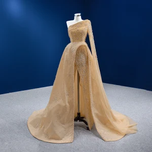 Sexy High End Champagne Split Front Evening Dresses 2022 A Line Princess One Shoulder Pearl Sequins Long Sleeve Backless Court Train Evening Party Formal Dresses